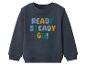 Donkerblauwe kindertrui met 'READY STEADY GO!' tekst in kleurrijke chenille letters