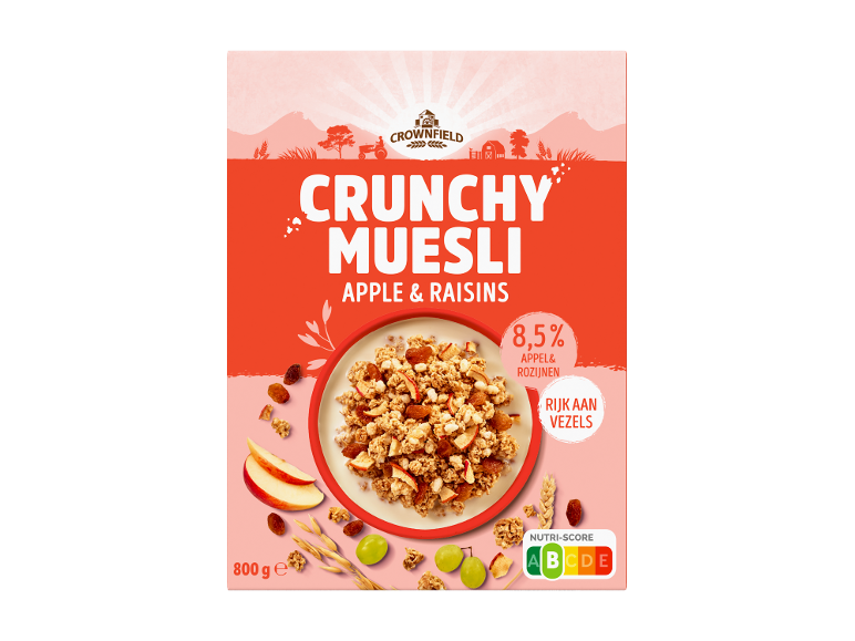 Krokante muesli met appel en rozijnen in een verpakking van 800 g.