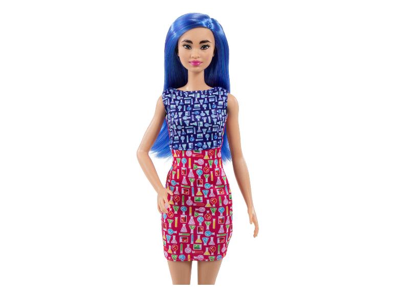 Barbie pop met een blauwe jurk met een laboratoriumthema.