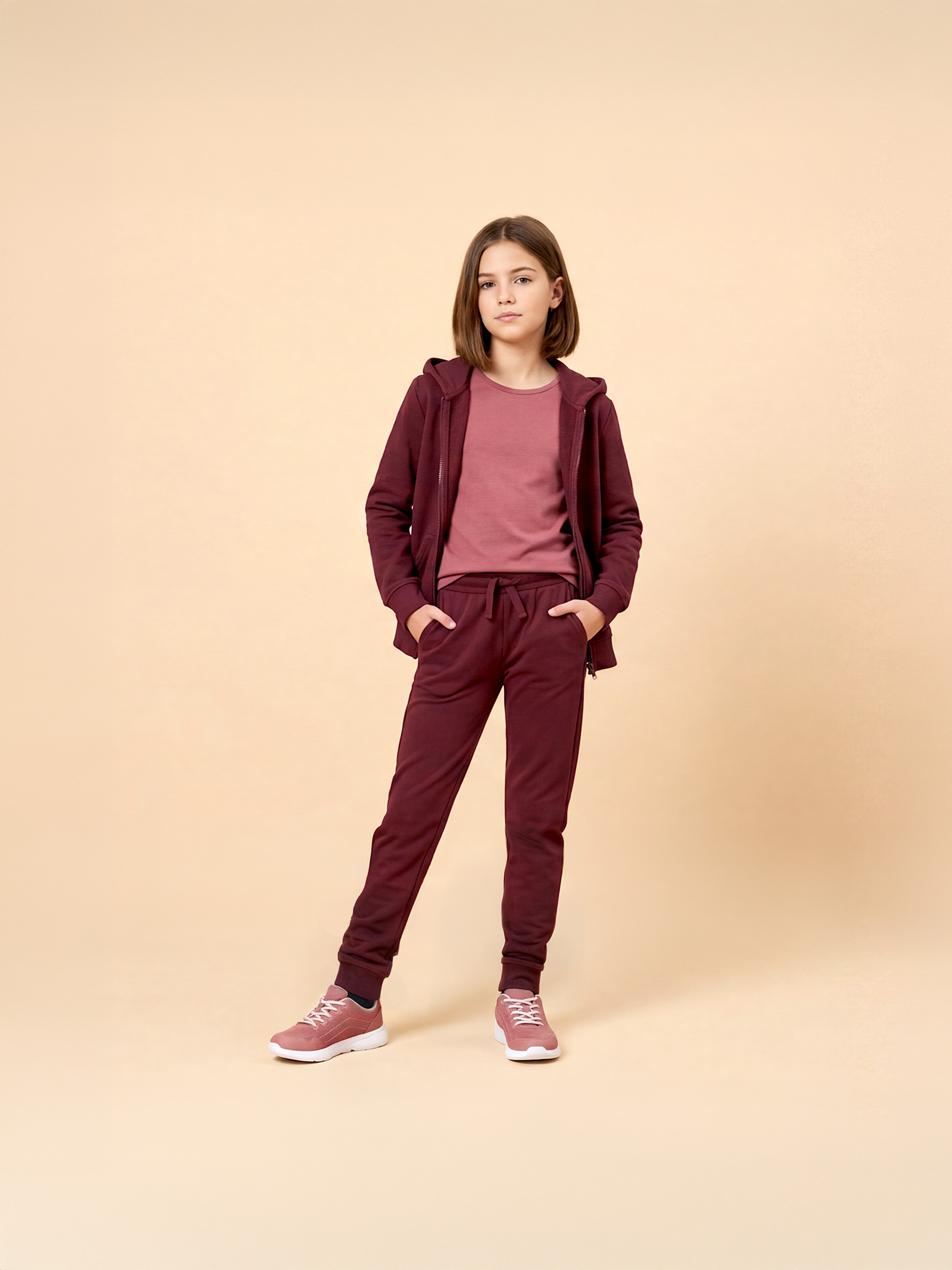 Meisje in bordeauxrood trainingspak en roze T-shirt, draagt sneakers