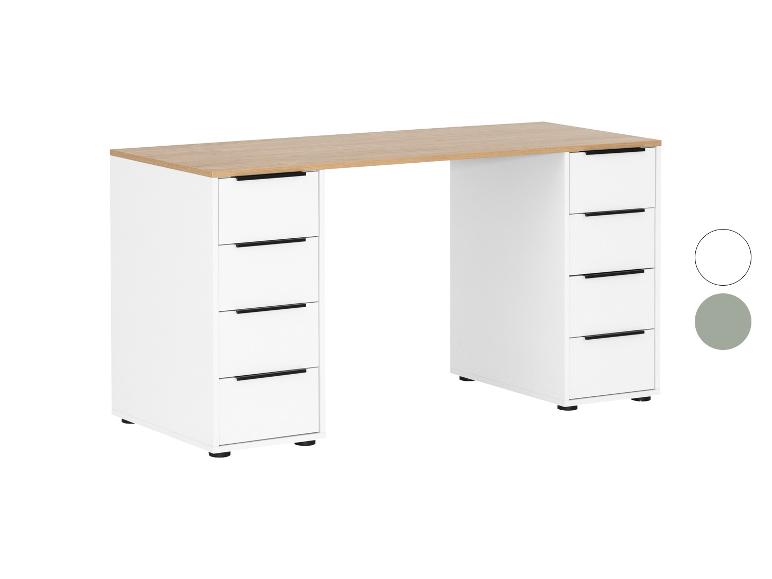 Wit bureau met houten blad en lades aan beide zijden.