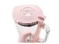 Roze blender met glazen kan en maatverdeling, bovenaanzicht.