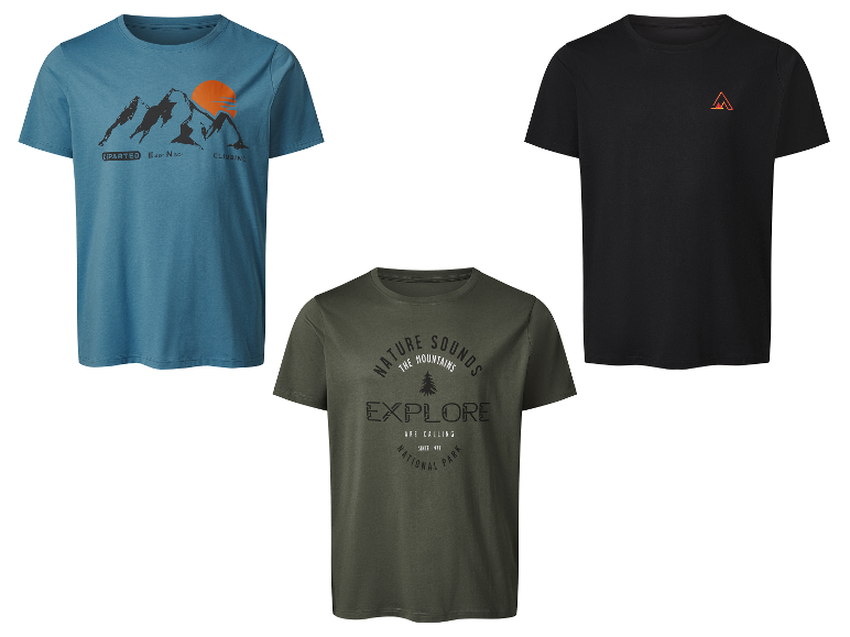 Drie heren t-shirts met outdoor-thema's.