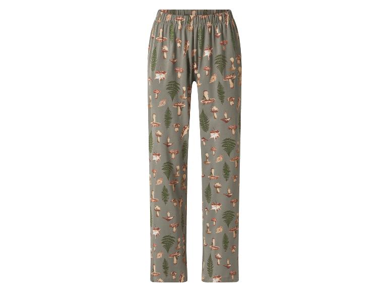 Groene pyjamabroek met paddenstoel- en varenpatroon.