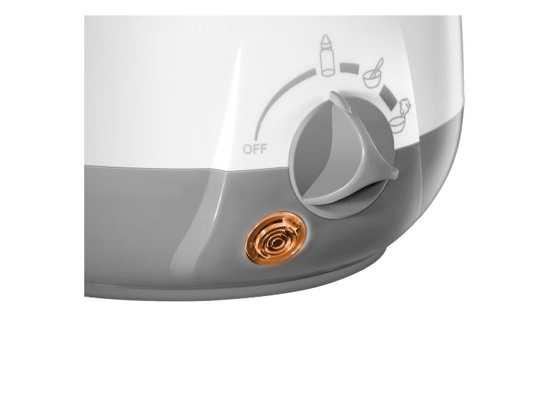 Wit en grijs flessenwarmertje met draaiknop voor flessen en babyvoeding, met oranje lampje.