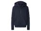 Donkerblauwe hoodie met rits en zakken.