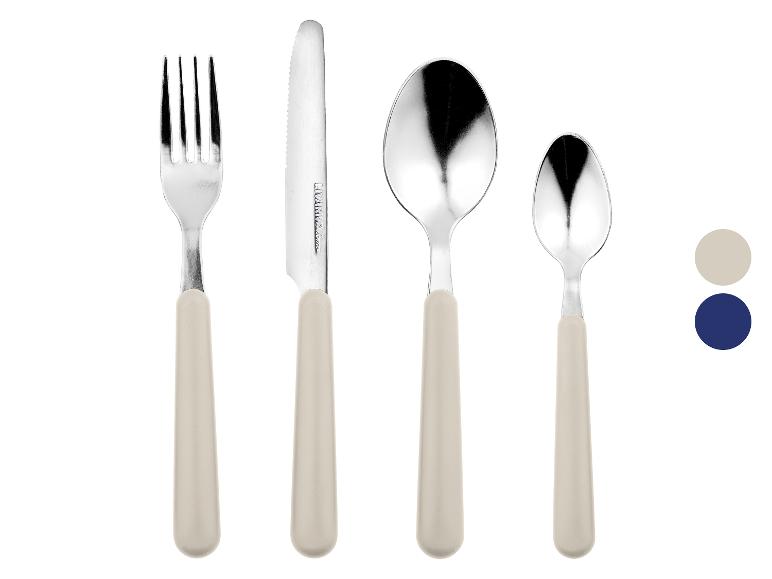 Livarno Living bestek: vork, mes, lepels (groot en klein), beige handvatten.