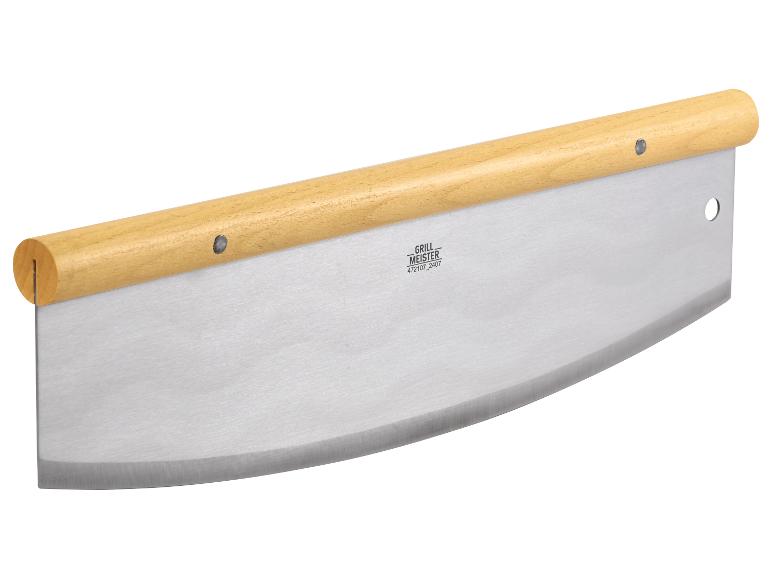 Pizzasnijder met houten handvat en gebogen roestvrijstalen mes.