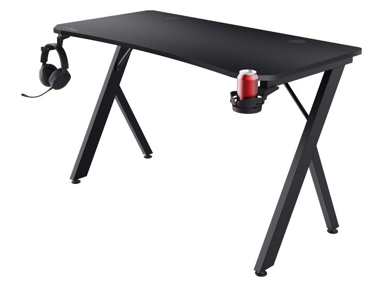 Zwart gamingbureau met koptelefoonhouder en bekerhouder.