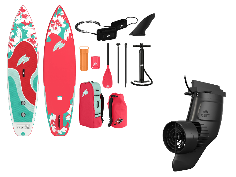 SUP-set met bloemenprint en Crivit elektrische motor.