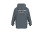 Grijze hoodie met de tekst 'THE DENIM CLUB Crafted Garments ORIGINAL DENIMS FOR MEMBERS ONLY EST. 1973' op de rug.