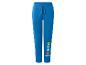 Blauwe kinderjoggingbroek met cartoonfiguren op de pijp.