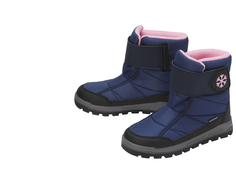 Blauwe kinder sneeuwlaarzen met roze voering en klittenbandsluiting, met sneeuwvlok.