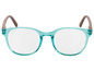 Turquoise bril met bruine pootjes.