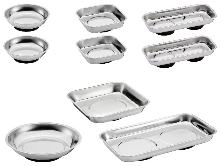 Set van roestvrijstalen magnetische kommen en bakjes voor de werkplaats.