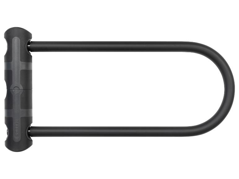 Zwart U-slot voor fiets op een witte achtergrond.
