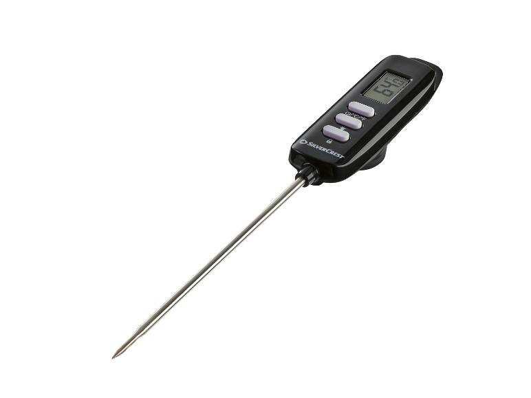 Zwarte digitale vleesthermometer met zilveren sonde en display dat 64,6 toont
