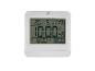 Een witte digitale klok met display voor temperatuur, datum en tijd.