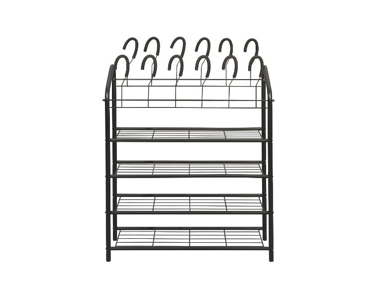 Zwarte schoenenrek met vijf lagen en bovenste haken.