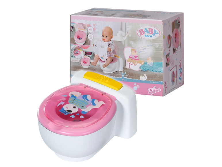 Poppenpotje met geluidseffecten en een pop zittend op een soortgelijk potje op de verpakking.