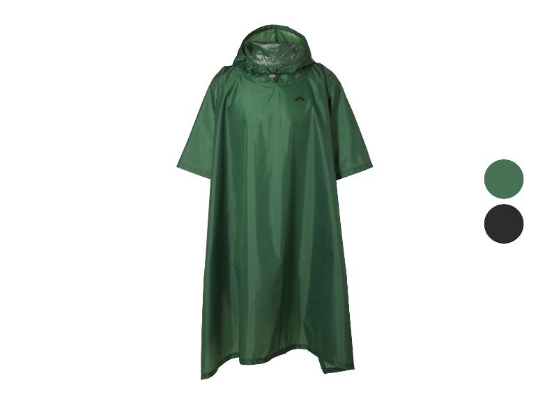 Groene regenponcho met capuchon en logo, met donkergroene en zwarte kleuropties.