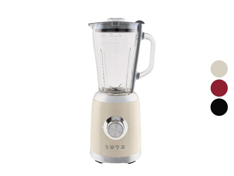 Crèmekleurige retro blender met glazen kan en drie kleuropties.