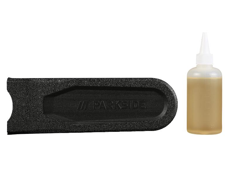 Parkside kettingzaag accessoire met olie fles.