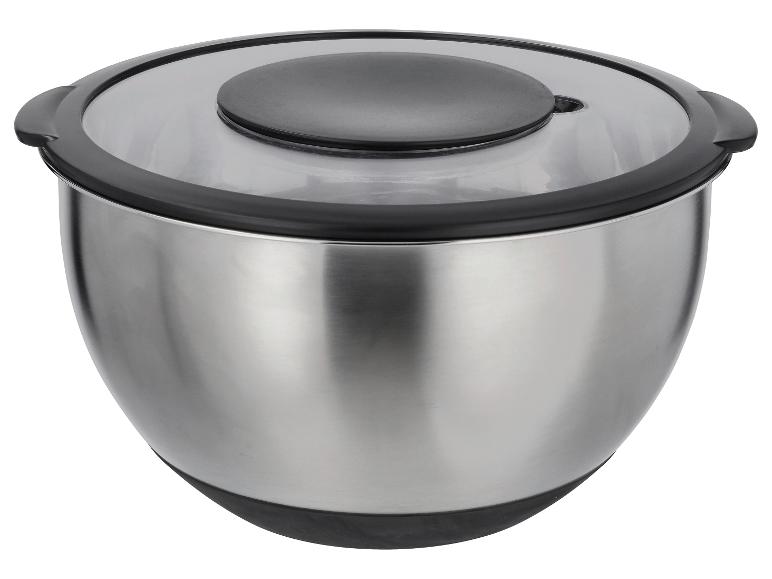 Roestvrijstalen mengkom met transparant deksel en handvat.