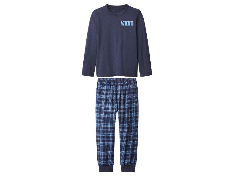 Blauwe pyjama met shirt met lange mouwen en geruite broek.
