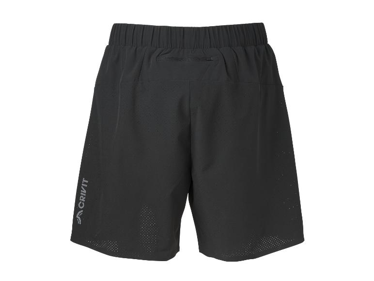 Zwarte sportshorts met elastische tailleband en een ritszak aan de achterkant.