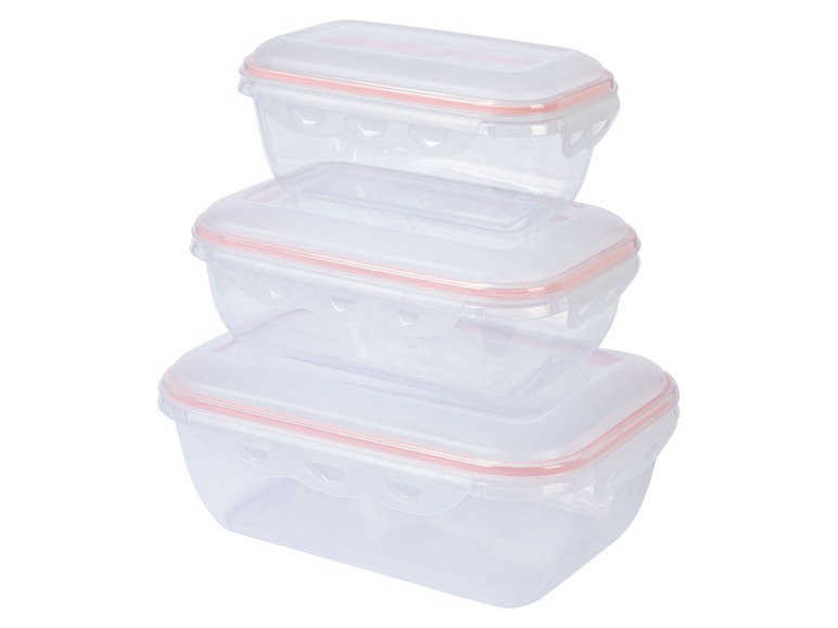 Drie transparante plastic opbergdozen met roze rand