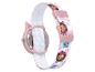 Kinderhorloge met een witte band met cartoonprint en een roze kast.