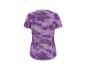 Dames sport-T-shirt met paars camouflagepatroon en strepen, achteraanzicht.