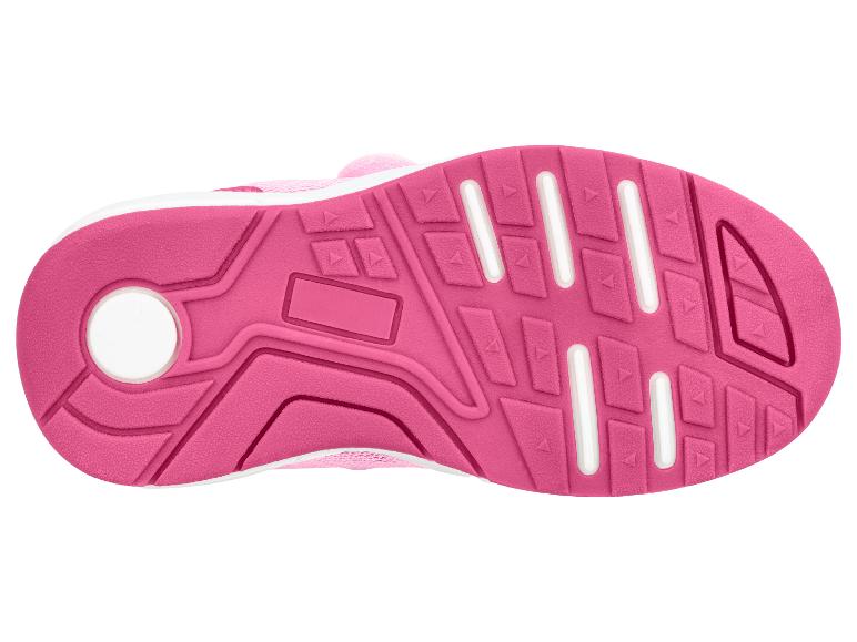 Roze kinder sportschoenzool met witte details en een geprofileerd loopvlak.
