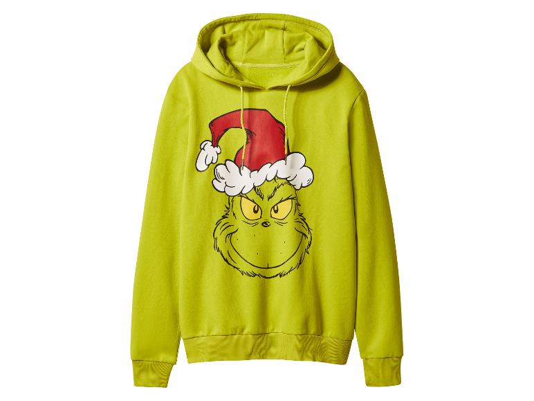 Limoengroene Grinch hoodie met een rode kerstmuts op een witte achtergrond.