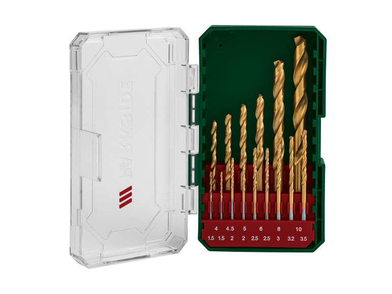 Een set van Bubkaide boortjes in een groene en doorzichtige doos.