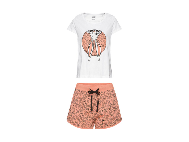 Wit T-shirt met Bugs Bunny print en roze shorts met Bugs Bunny print.