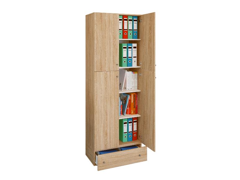 Houten kast met open deuren, met kleurrijke mappen en boeken op planken, en een gedeeltelijk geopende lade.