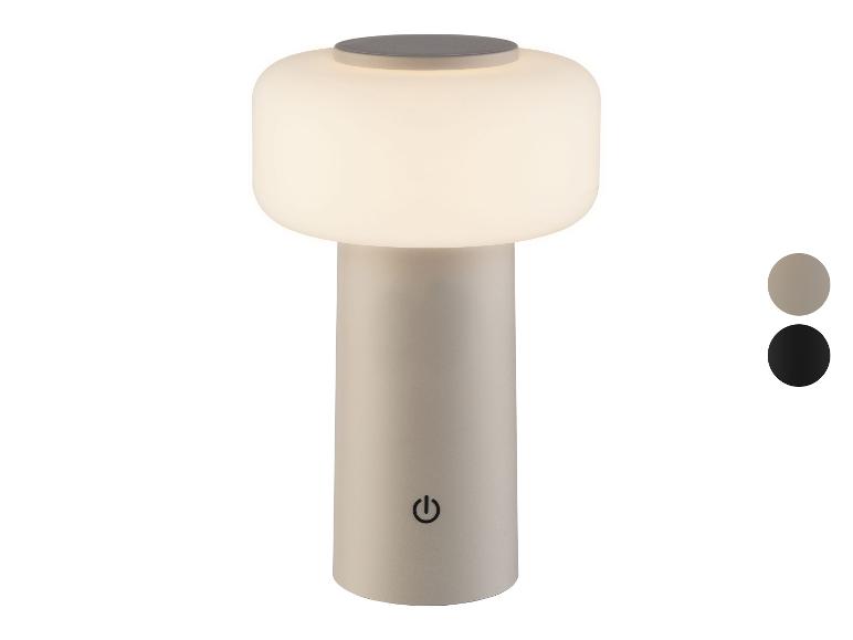 Beige tafellamp met verlichte kap en aan/uit-knop, met kleuropties.
