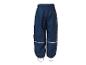 Blauwe waterdichte kinderbroek met reflecterende strepen en elastische enkelbanden.