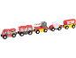 Houten speelgoedtrein met brandweerlocomotief en goederen-, tank- en slagboomwagons.