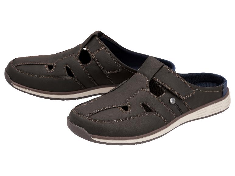 Bruine heren muil sandaal met verstelbare klittenbandsluiting.
