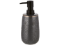 Donkergrijze zeepdispenser met zwarte pomp en subtiele gouden rand.