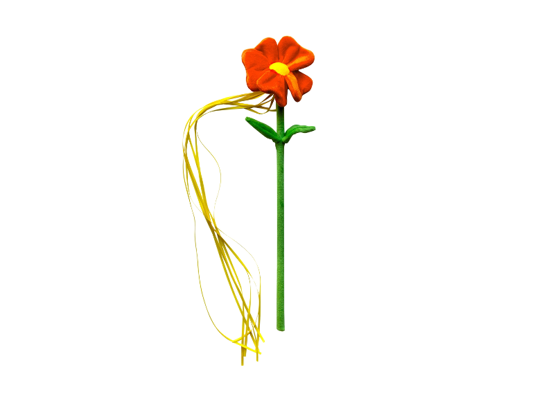 Oranje pluche bloemetje met lange gele linten.