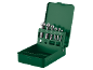 Verzinkborenset in een groene metalen doos