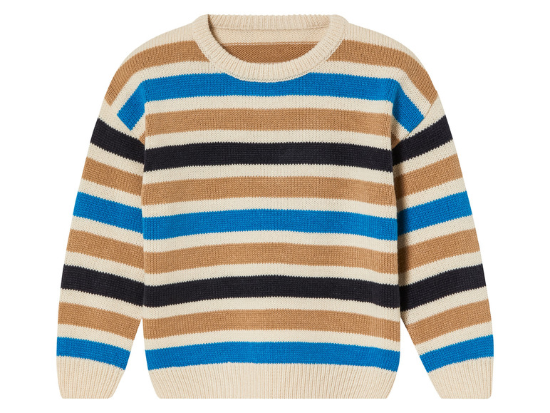 Een gestreepte trui in beige, blauw en zwart.
