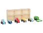 Set houten landbouwvoertuigen, inclusief tractoren en een maaidorser, met een houten opbergdoos.
