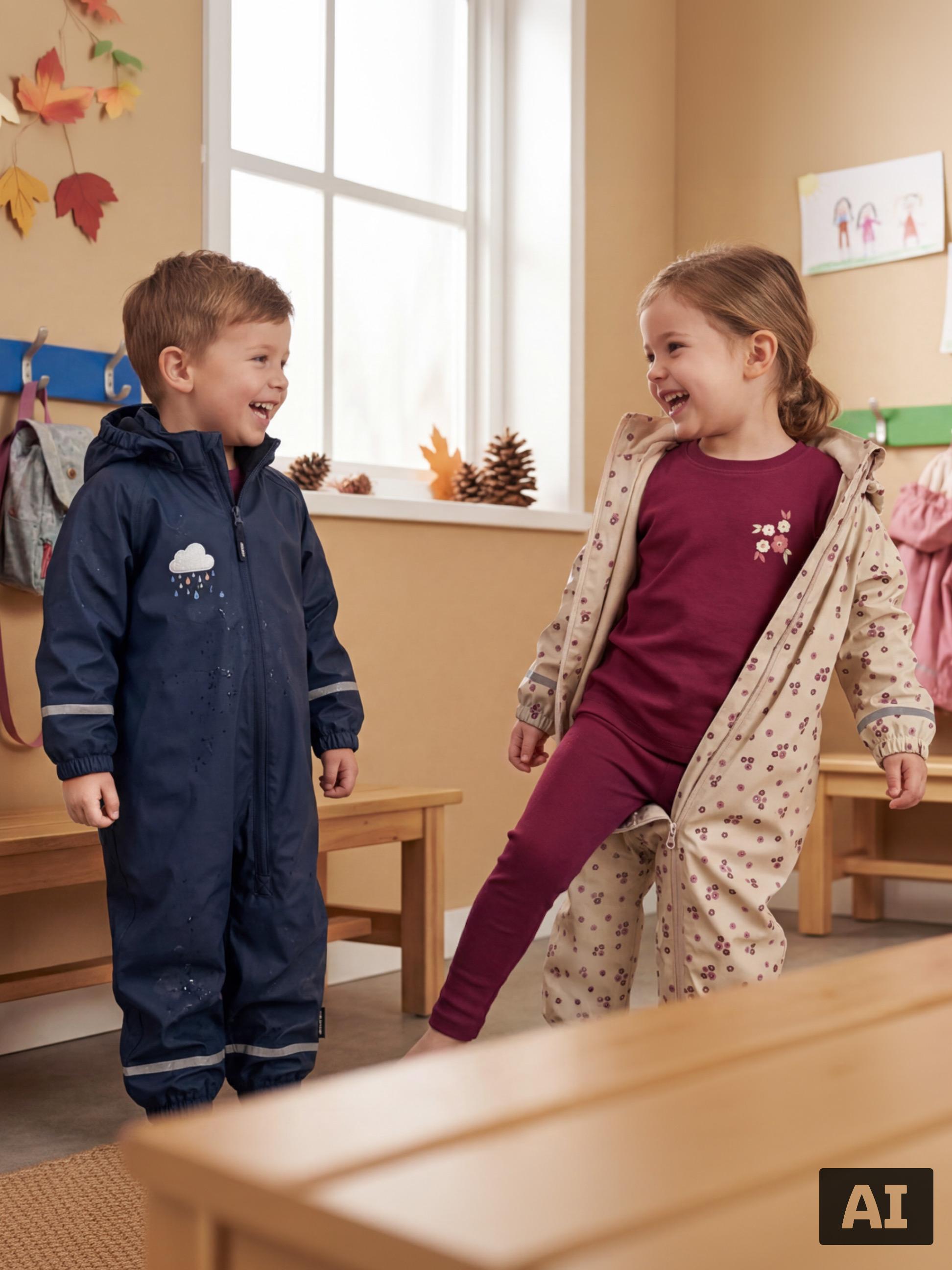 Twee lachende kinderen trekken regenpakken aan: een blauwe met wolk, een beige met bloemenpatroon.