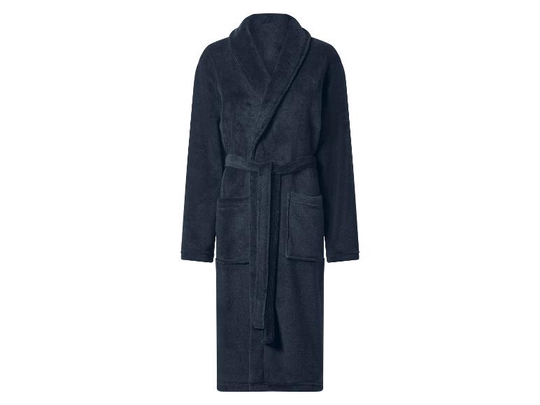 Donkerblauwe badjas van badstof met ceintuur en zakken.