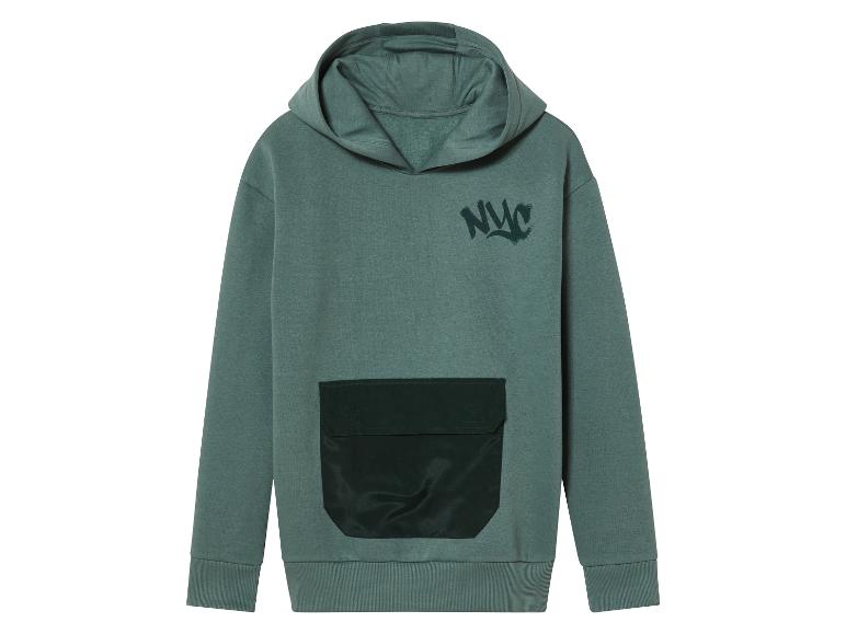 Een groene hoodie met een grote zak en NYC-print.
